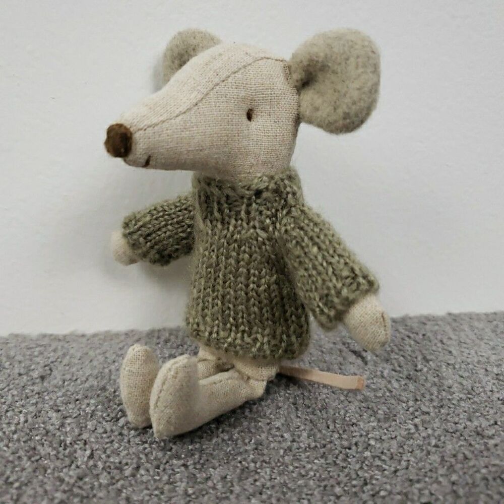 Maileg Mouse Big Brother 5" Olive Green Sweater Mini Plush Stuffed Animal